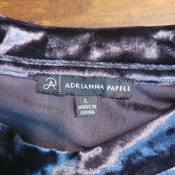Adrianna Papell Crushed Velvet Top L Puff Sleeve Tie Wash Smokey Blue Shimmer - Picture 3 of 10
